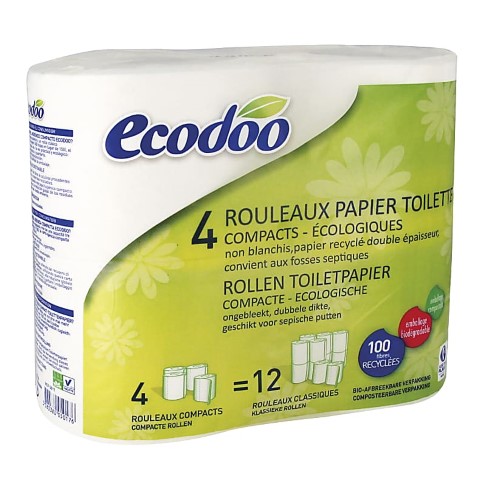 Ecodoo Compact Recycled Toilet Paper, 4 Pack of 450 Sheet Rolls