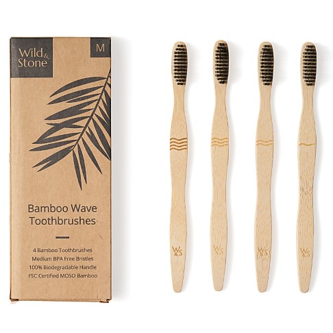 Wild & Stone Adult Bamboo Toothbrush - Wave Bristles - Medium (4 Pack)